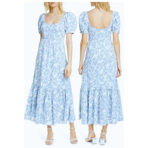 Polo Ralph Lauren 100% Linen Kai Floral Midi Dress Blue/White,‎ 12